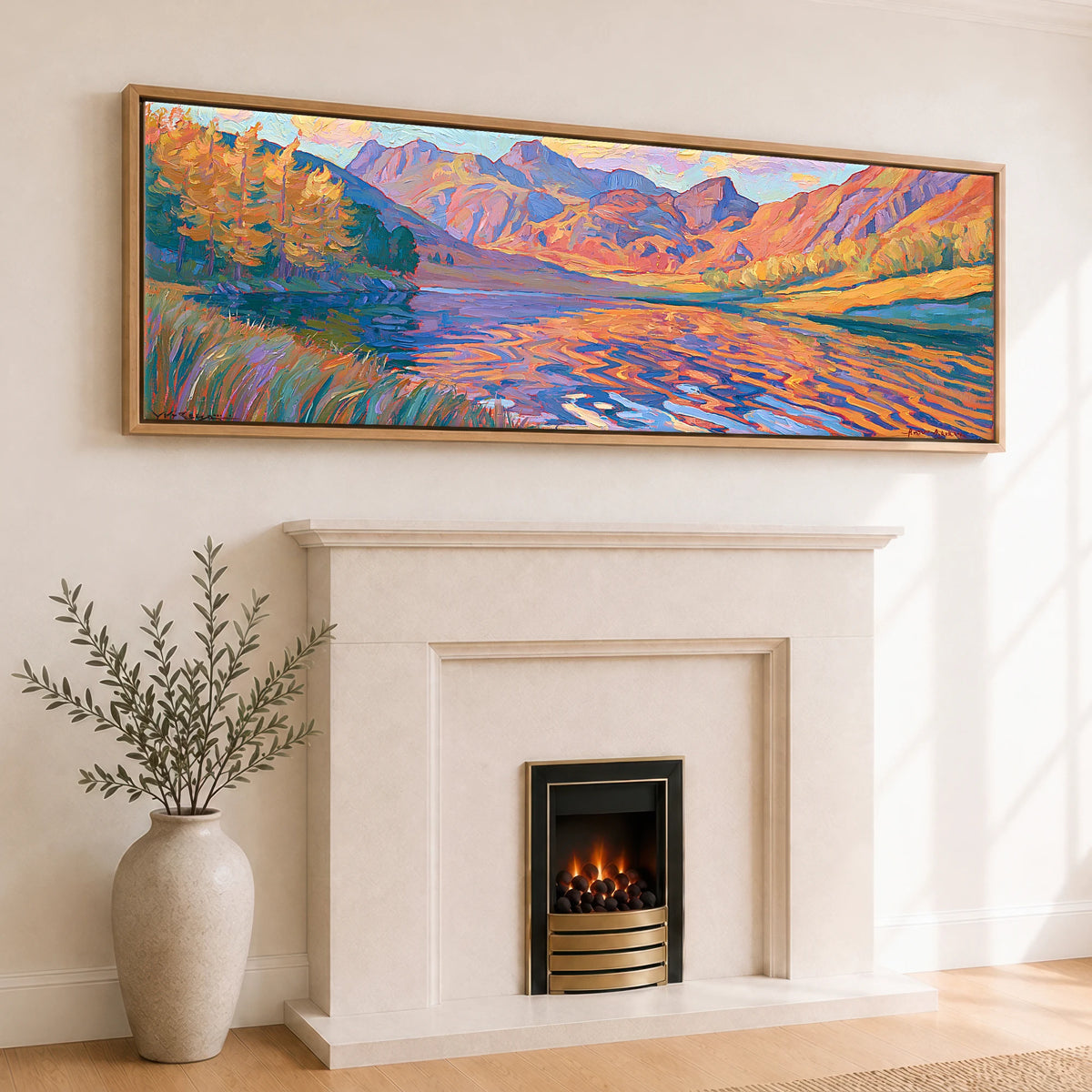 Vibrant Autumn Lakeland Tarn at Sunset Lake District Lake panoramic canvas wall art displayed above a fireplace