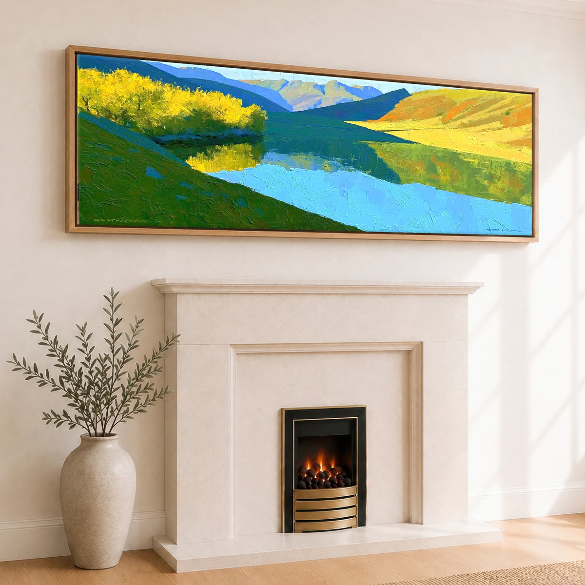 Azure Mountains and Golden Lake Fells Lake District Lake panoramic canvas wall art displayed above a fireplace