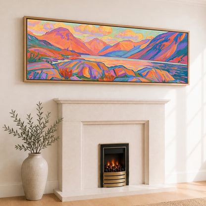 Sunset Radiance Over Wasdale Head Lake District Lake panoramic canvas wall art displayed above a fireplace