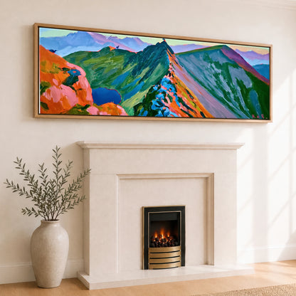 Vivid Striding Edge on Helvellyn Lake District Walking panoramic canvas wall art displayed above a fireplace
