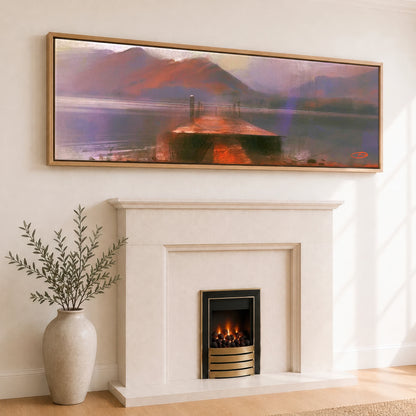 Derwentwater Jetty in Violet Haze Lake District Lake panoramic canvas wall art displayed above a fireplace