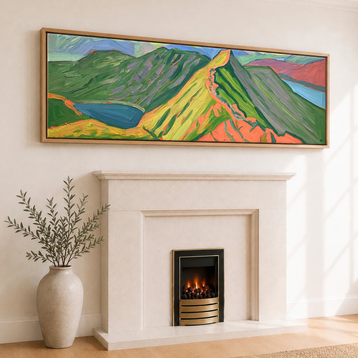 Vivid Striding Edge and Helvellyn Lake District Walking panoramic canvas wall art displayed above a fireplace