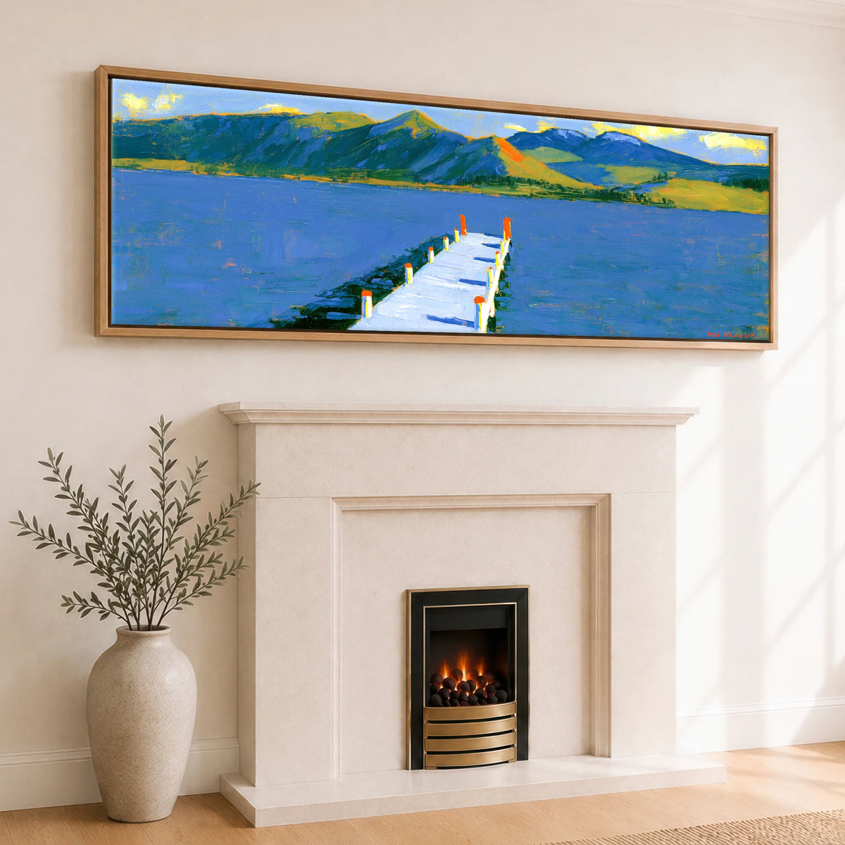 Derwentwater Jetty in Vibrant Light Lake District Lake panoramic canvas wall art displayed above a fireplace