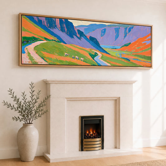 Honister Pass in Vivid Colour Lake District Valley panoramic canvas wall art displayed above a fireplace
