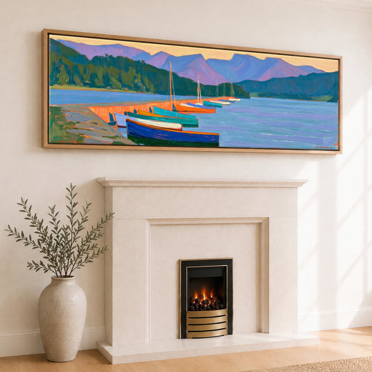 Vibrant Boats at Ambleside Pier Lake District Village panoramic canvas wall art displayed above a fireplace