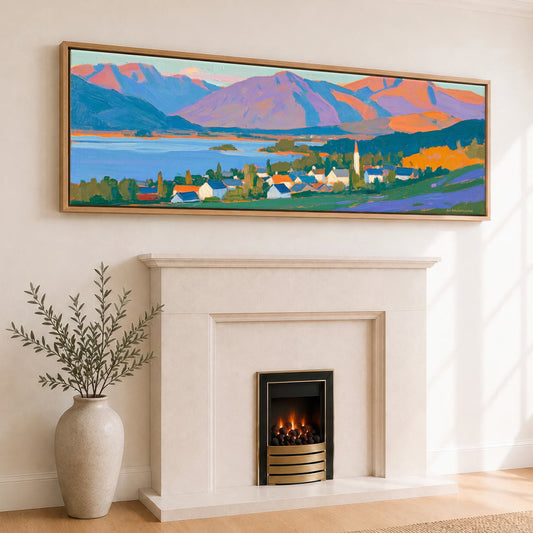 Vibrant Fells Over Keswick Lake District Village panoramic canvas wall art displayed above a fireplace