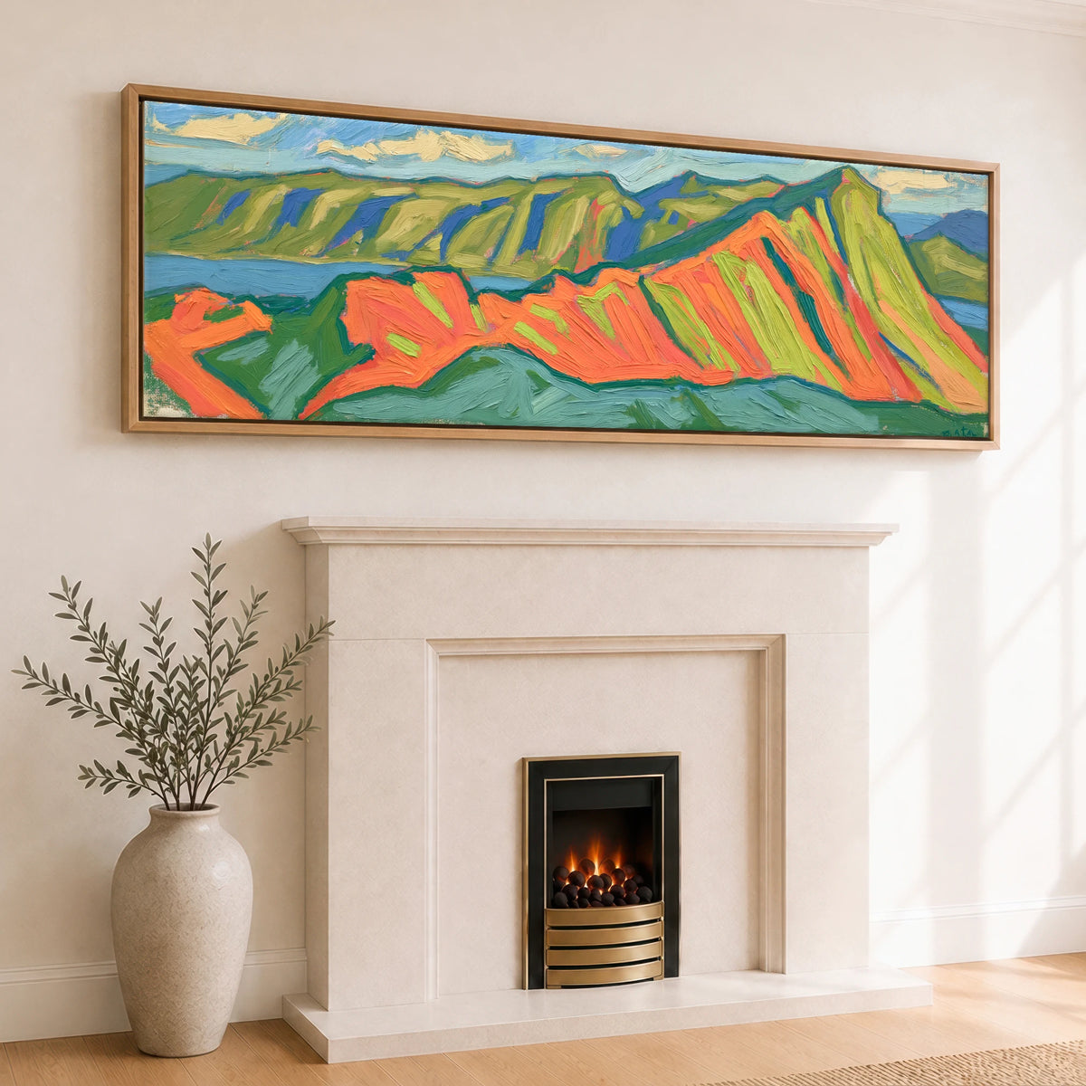 Vibrant Striding Edge Ridge Lake District Walking panoramic canvas wall art displayed above a fireplace