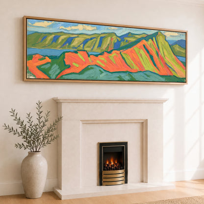 Vibrant Striding Edge Ridge Lake District Walking panoramic canvas wall art displayed above a fireplace