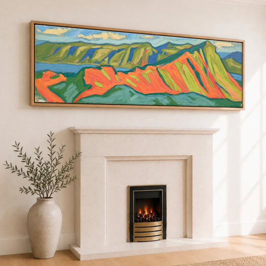 Vibrant Striding Edge Ridge Lake District Walking panoramic canvas wall art displayed above a fireplace