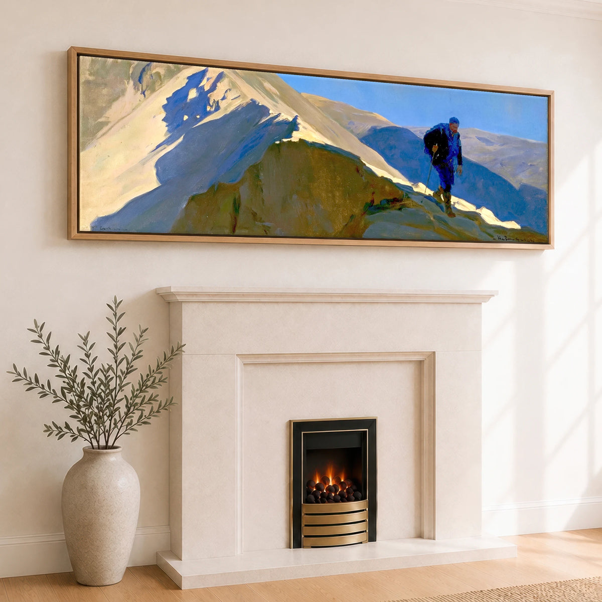 Walker on Sunlit Striding Edge Lake District Walking panoramic canvas wall art displayed above a fireplace