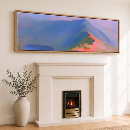 Striding Edge in Pink Twilight Lake District Walking panoramic canvas wall art displayed above a fireplace