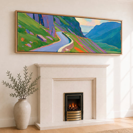 Vibrant Hardknott Pass Road Lake District Valley panoramic canvas wall art displayed above a fireplace