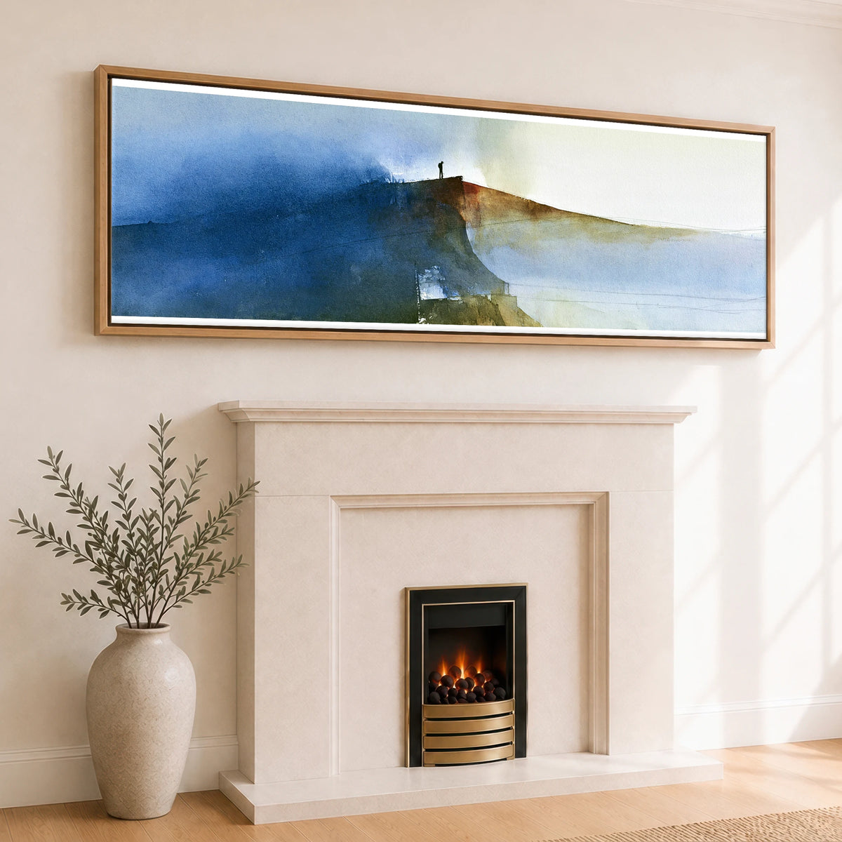 Striding Edge Walker in Indigo Lake District Walking panoramic canvas wall art displayed above a fireplace