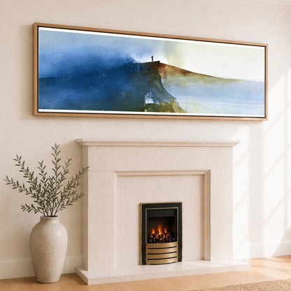 Striding Edge Walker in Indigo Lake District Walking panoramic canvas wall art displayed above a fireplace
