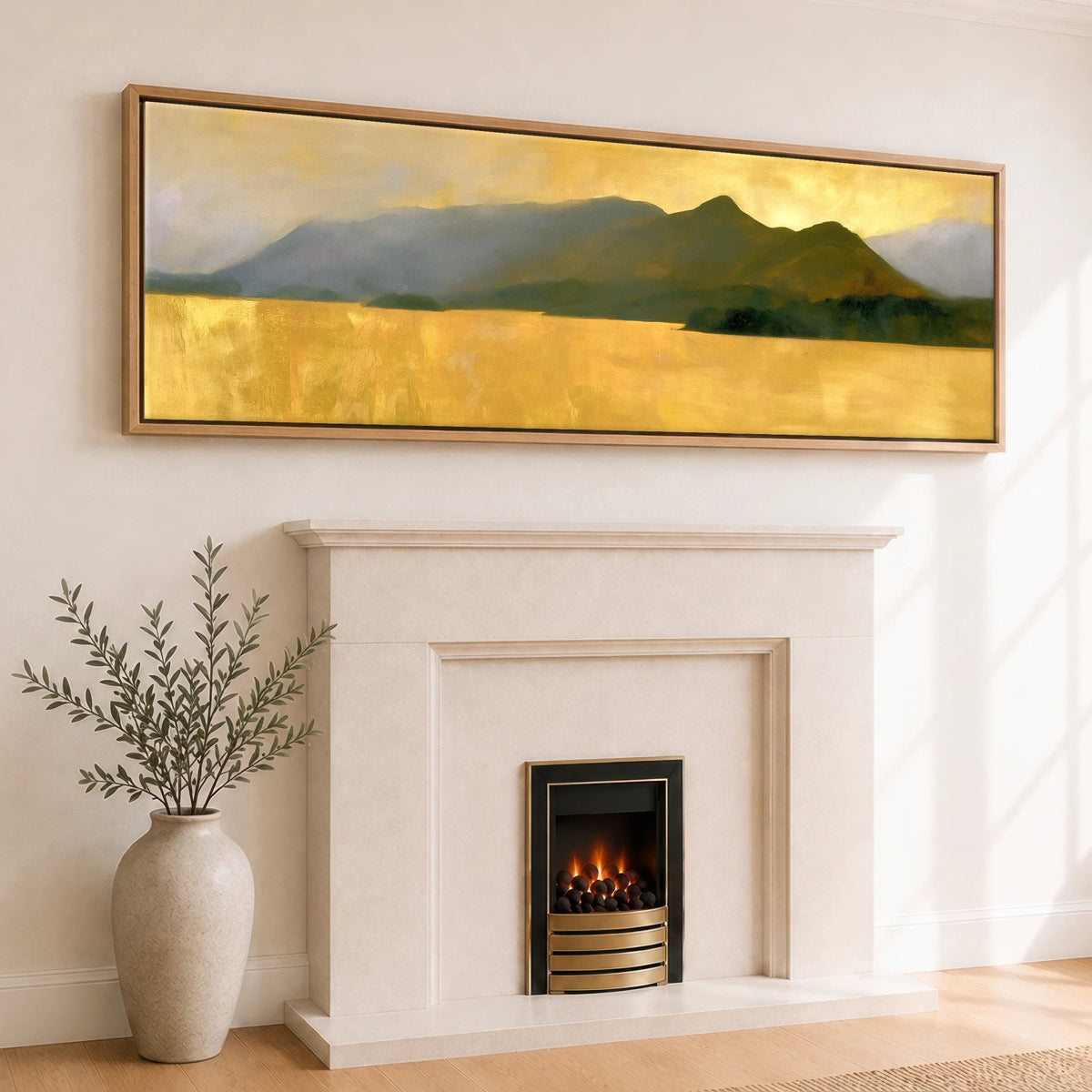 Catbells Silhouette in Luminous Gold Lake District Fell panoramic canvas wall art displayed above a fireplace