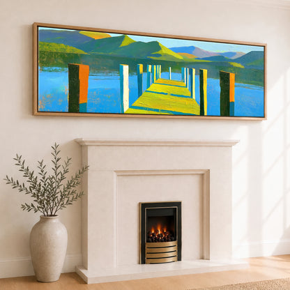 Sunlit Jetty and Vibrant Lakeland Fells Lake District Lake panoramic canvas wall art displayed above a fireplace