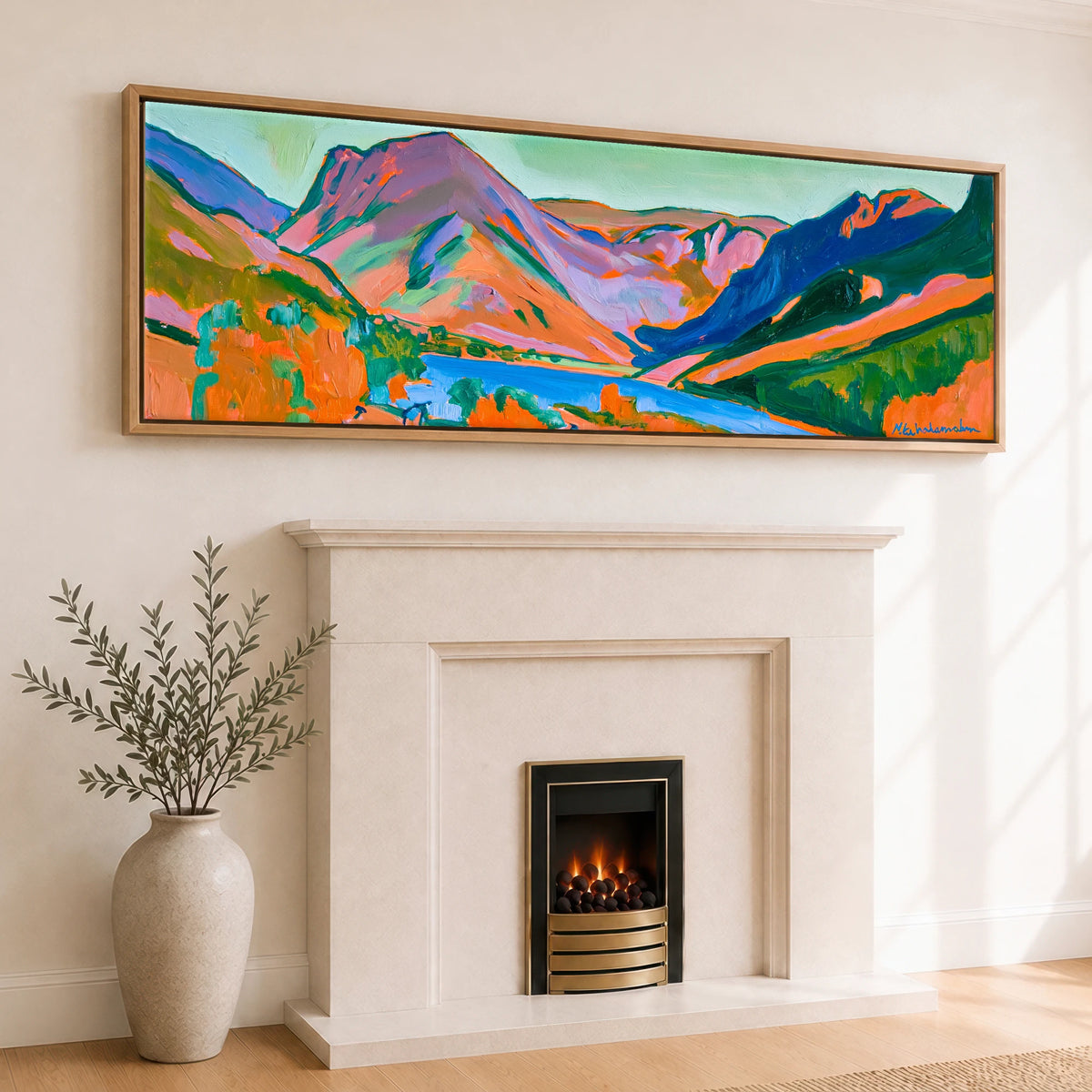 Vibrant Sunset over Buttermere Valley Lake District Lake panoramic canvas wall art displayed above a fireplace