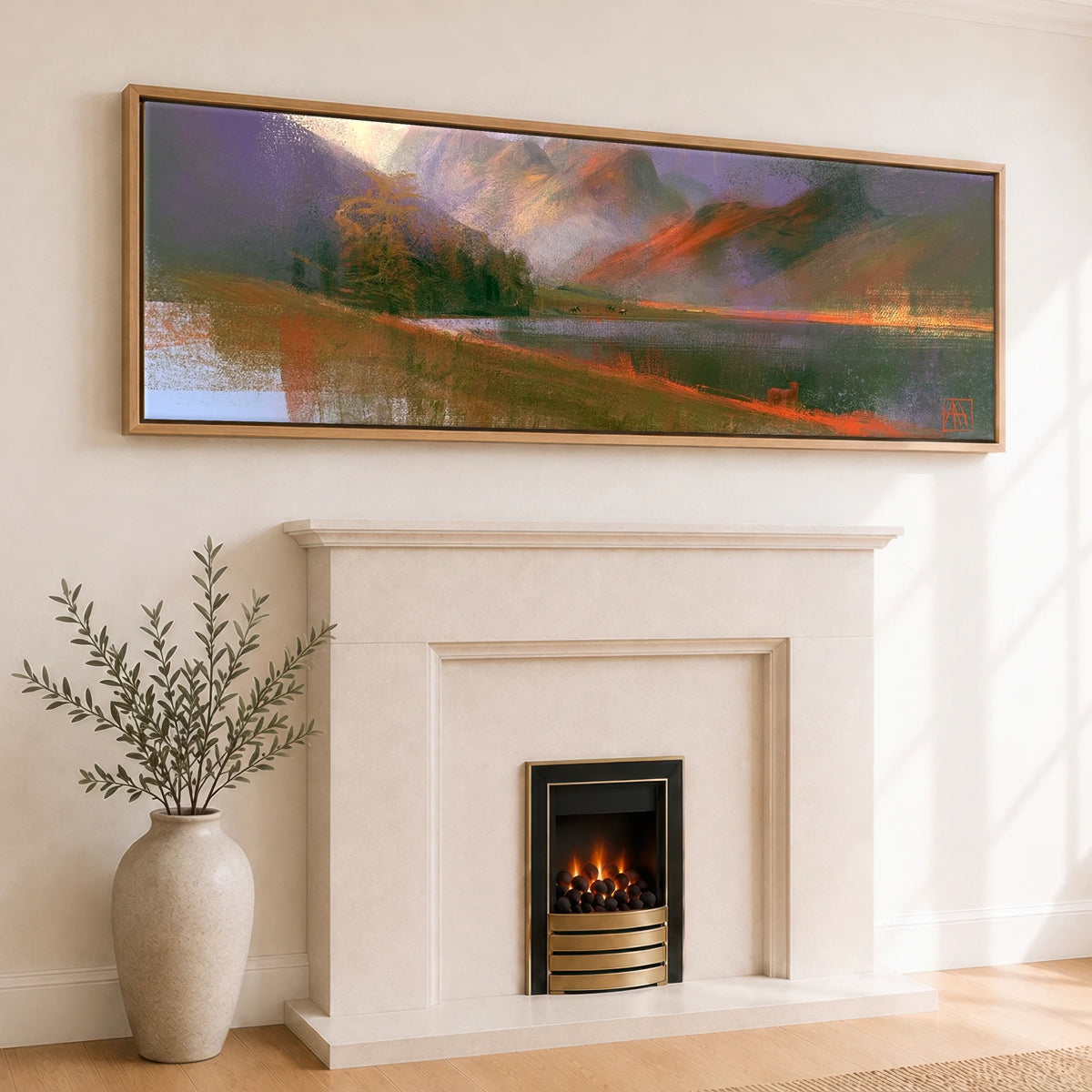 Autumn Light on Blea Tarn Lake District Lake panoramic canvas wall art displayed above a fireplace