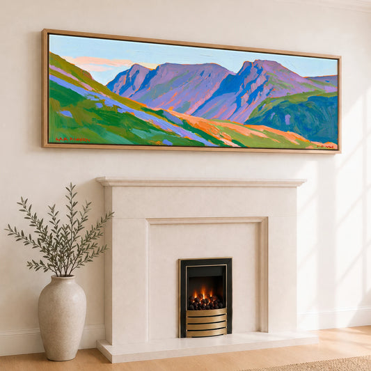 Electric Hues of Bowfell Lake District Fell panoramic canvas wall art displayed above a fireplace