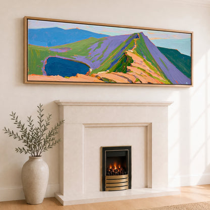 Vivid Striding Edge to Helvellyn Lake District Walking panoramic canvas wall art displayed above a fireplace