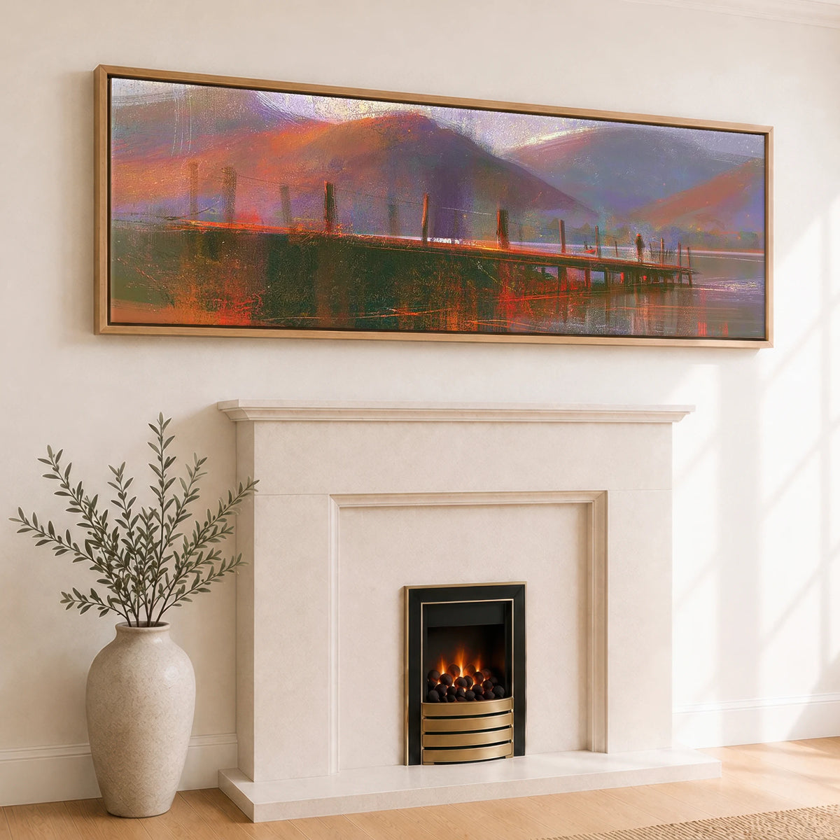 Derwentwater Jetty in Violet and Russet Lake District Lake panoramic canvas wall art displayed above a fireplace