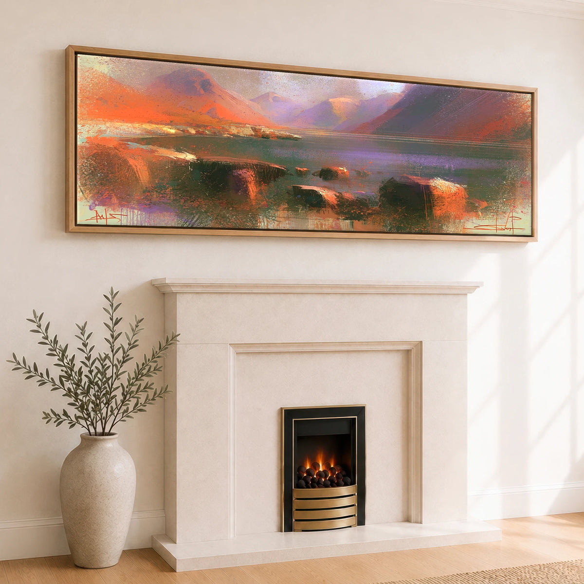 Wastwater and Great Gable Sunset Lake District Lake panoramic canvas wall art displayed above a fireplace