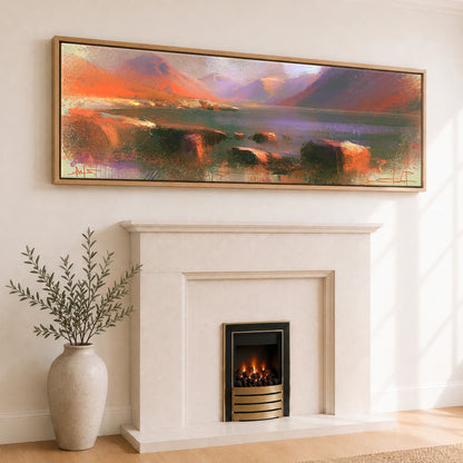 Wastwater and Great Gable Sunset Lake District Lake panoramic canvas wall art displayed above a fireplace