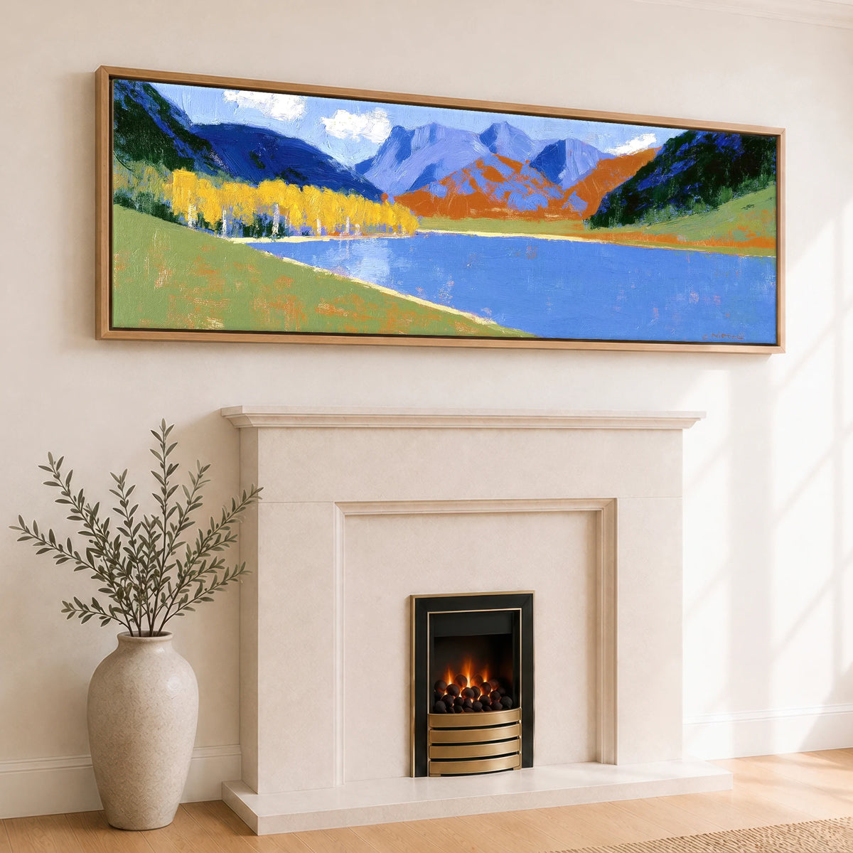 Bold Autumn Colours at Blea Tarn Lake District Lake panoramic canvas wall art displayed above a fireplace