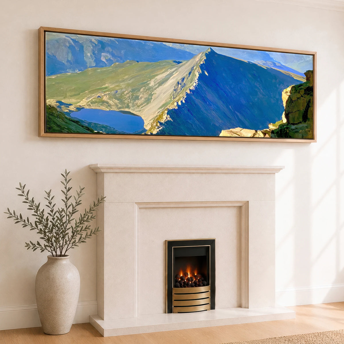 Sunlit Striding Edge Helvellyn Lake District Walking panoramic canvas wall art displayed above a fireplace