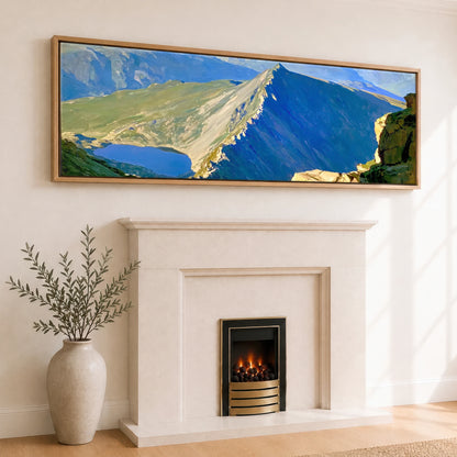 Sunlit Striding Edge Helvellyn Lake District Walking panoramic canvas wall art displayed above a fireplace