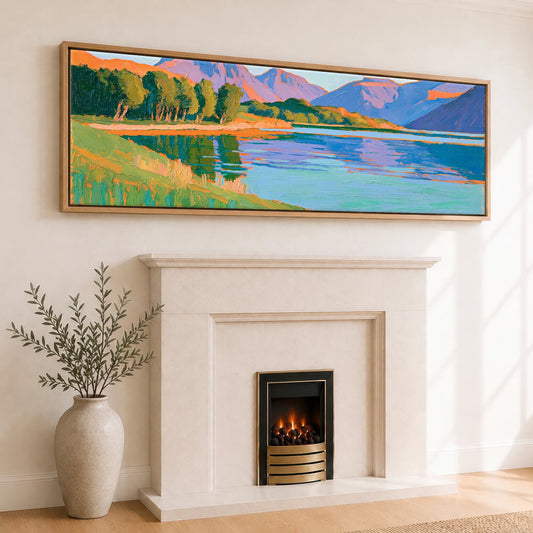 Vivid Wasdale Fells and Lake Lake District Valley panoramic canvas wall art displayed above a fireplace