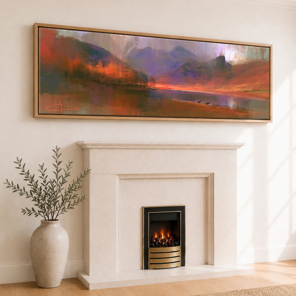 Autumn Larches at Blea Tarn Lake District Lake panoramic canvas wall art displayed above a fireplace