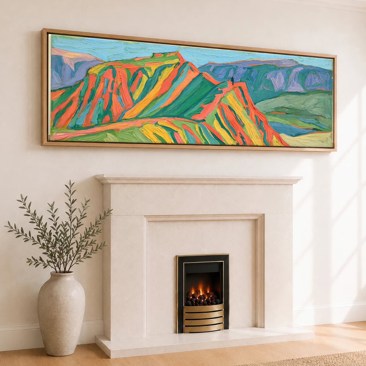 Vivid Striding Edge Helvellyn Lake District Walking panoramic canvas wall art displayed above a fireplace