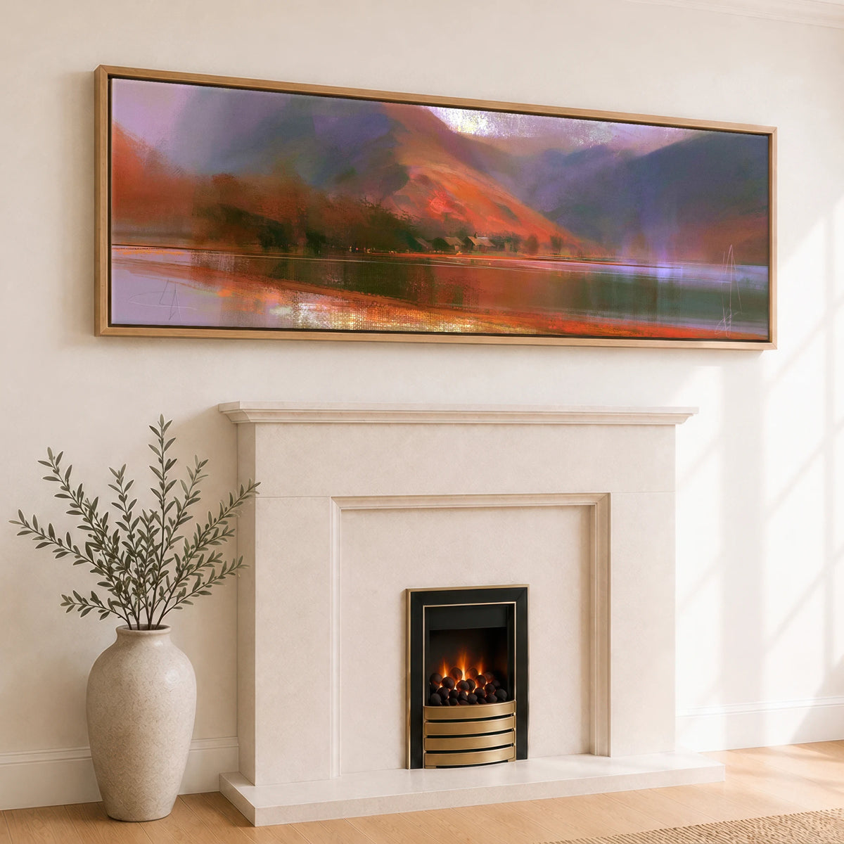 Fleetwith Pike in Warm Light Lake District Lake panoramic canvas wall art displayed above a fireplace