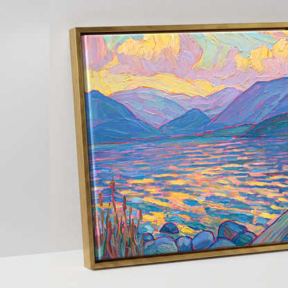 Golden Light over the Lakeside Jetty - artwork detail in an antique gold float frame