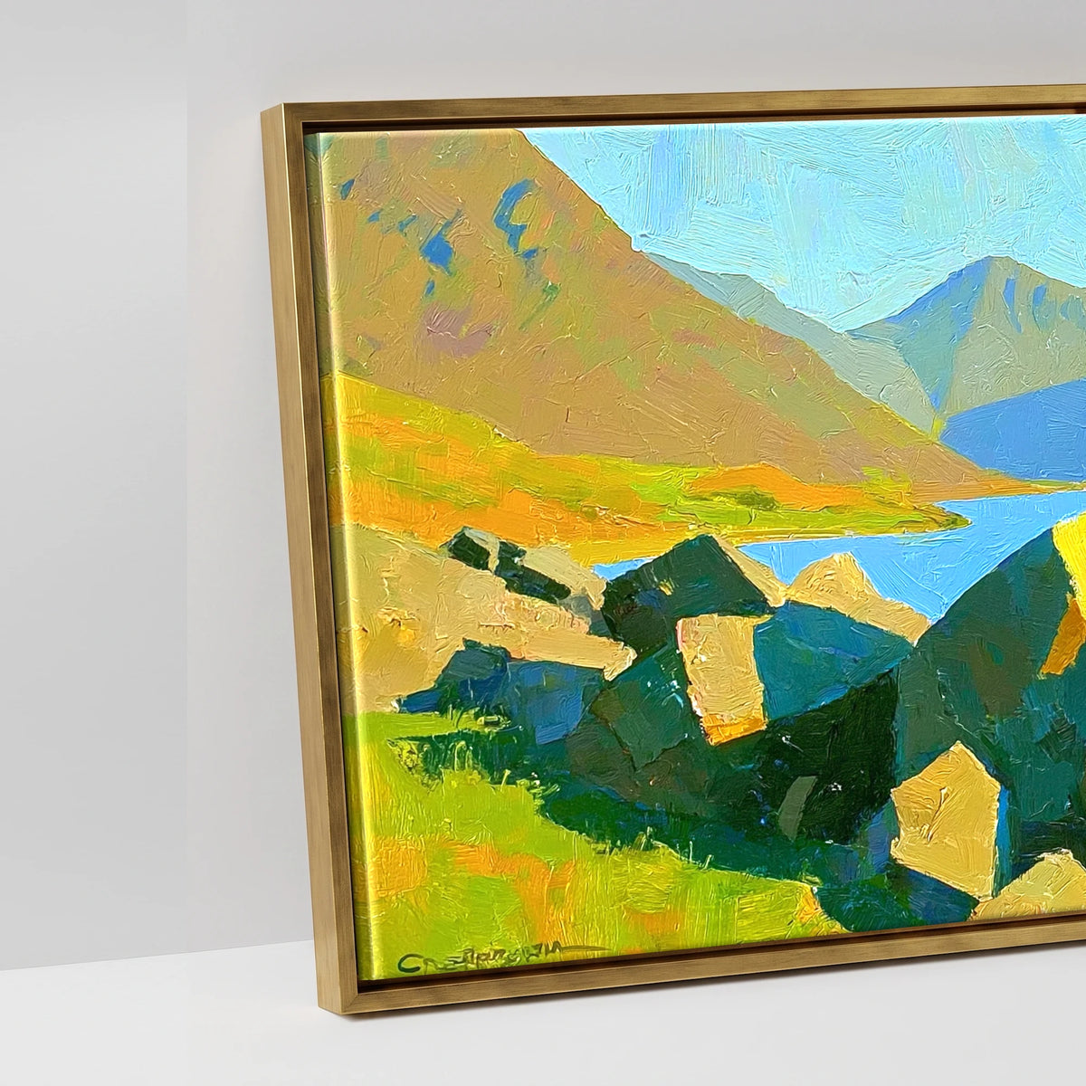 Wastwater Boulders and Sunlit Fells - artwork detail in an antique gold float frame