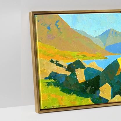 Wastwater Boulders and Sunlit Fells - artwork detail in an antique gold float frame