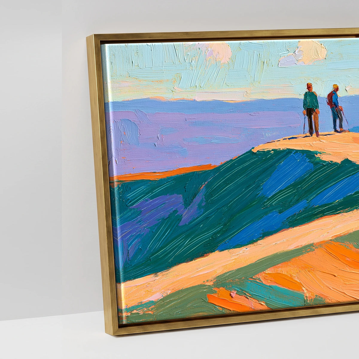 Hikers on a Radiant Fell Top - artwork detail in an antique gold float frame
