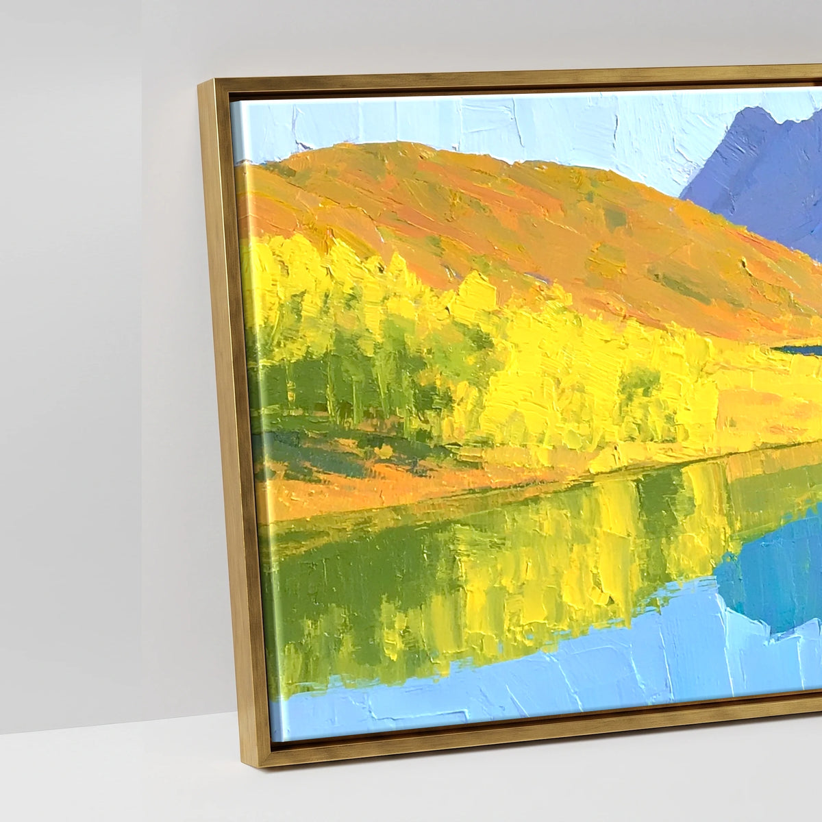 Sunlit Fells over Crummock Water Reflection - artwork detail in an antique gold float frame