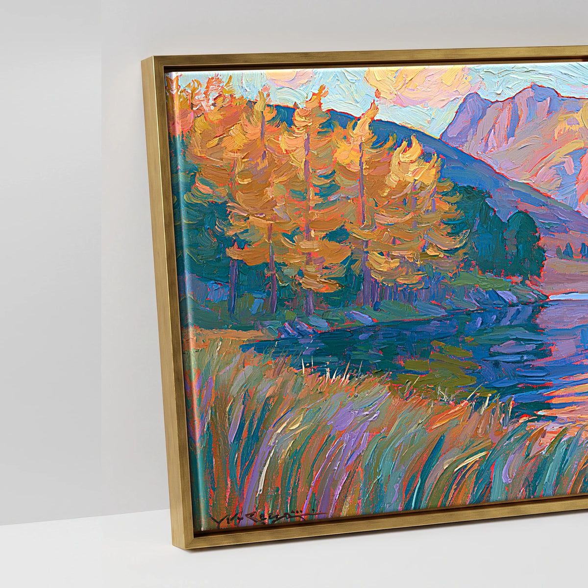 Vibrant Autumn Lakeland Tarn at Sunset - artwork detail in an antique gold float frame