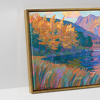 Vibrant Autumn Lakeland Tarn at Sunset - artwork detail in an antique gold float frame