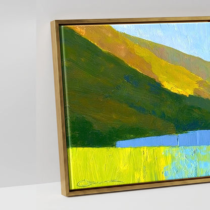 Luminous Fells Over Sapphire Water - artwork detail in an antique gold float frame