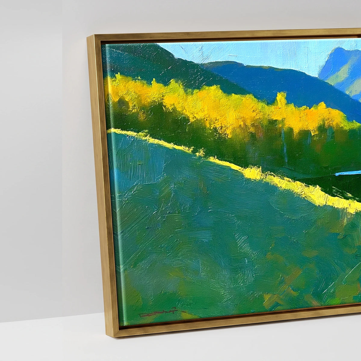 Sunlight and Blue Shadows over Buttermere - artwork detail in an antique gold float frame