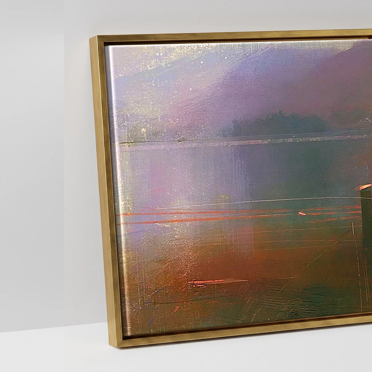 Derwentwater Jetty under Violet Fells - artwork detail in an antique gold float frame