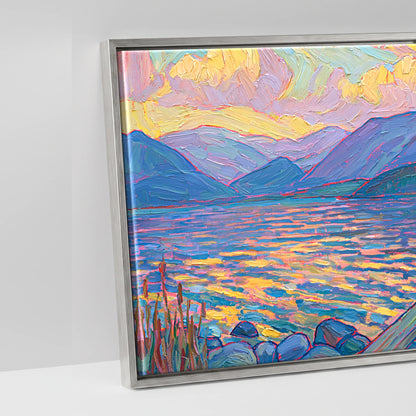 Golden Light over the Lakeside Jetty - artwork detail in an antique silver float frame