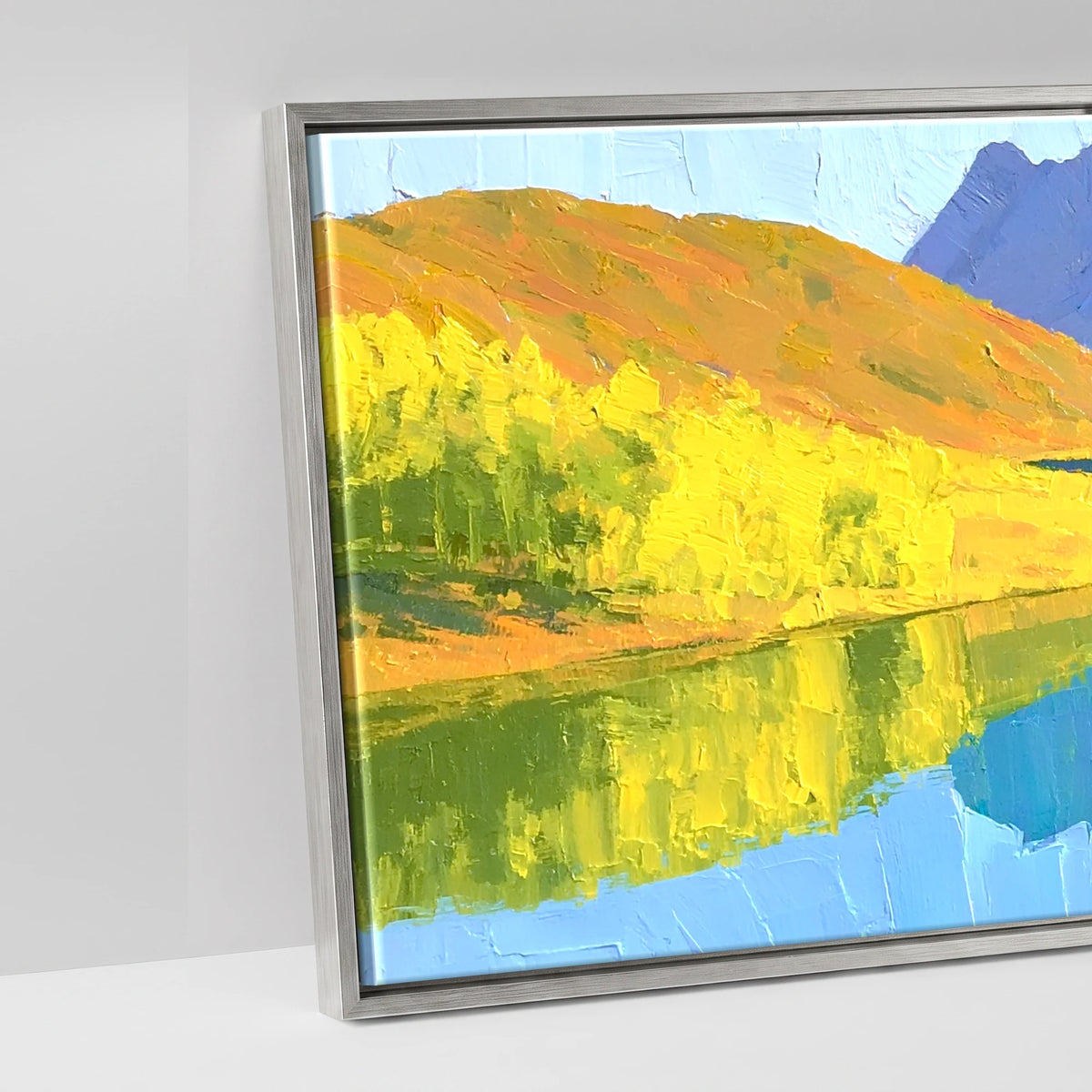 Sunlit Fells over Crummock Water Reflection - artwork detail in an antique silver float frame