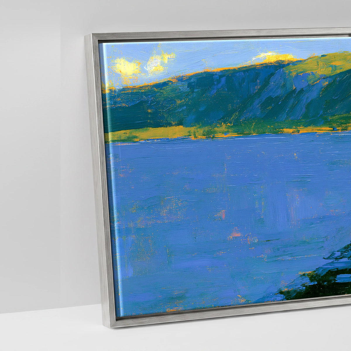 Derwentwater Jetty in Vibrant Light - artwork detail in an antique silver float frame