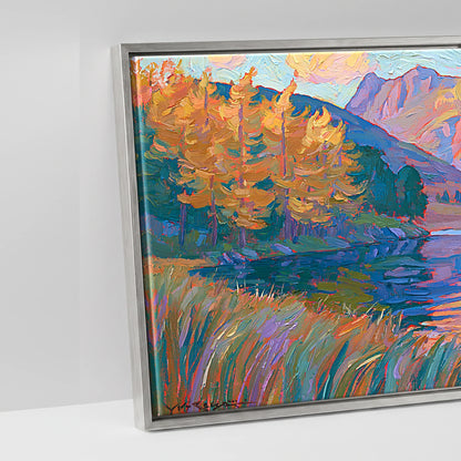 Vibrant Autumn Lakeland Tarn at Sunset - artwork detail in an antique silver float frame