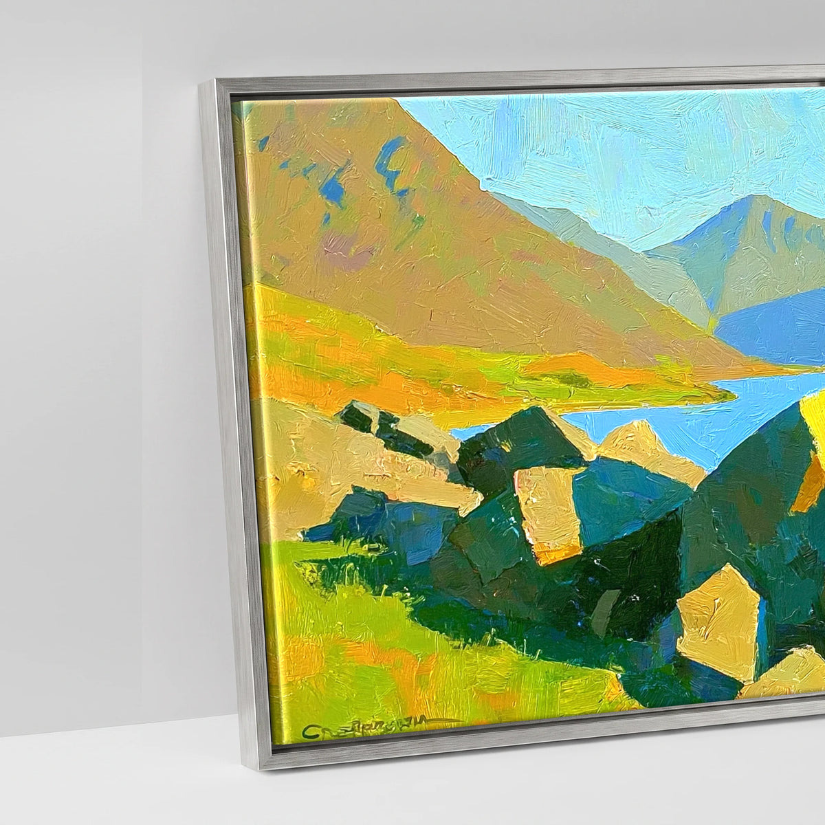 Wastwater Boulders and Sunlit Fells - artwork detail in an antique silver float frame