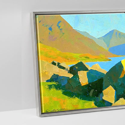 Wastwater Boulders and Sunlit Fells - artwork detail in an antique silver float frame